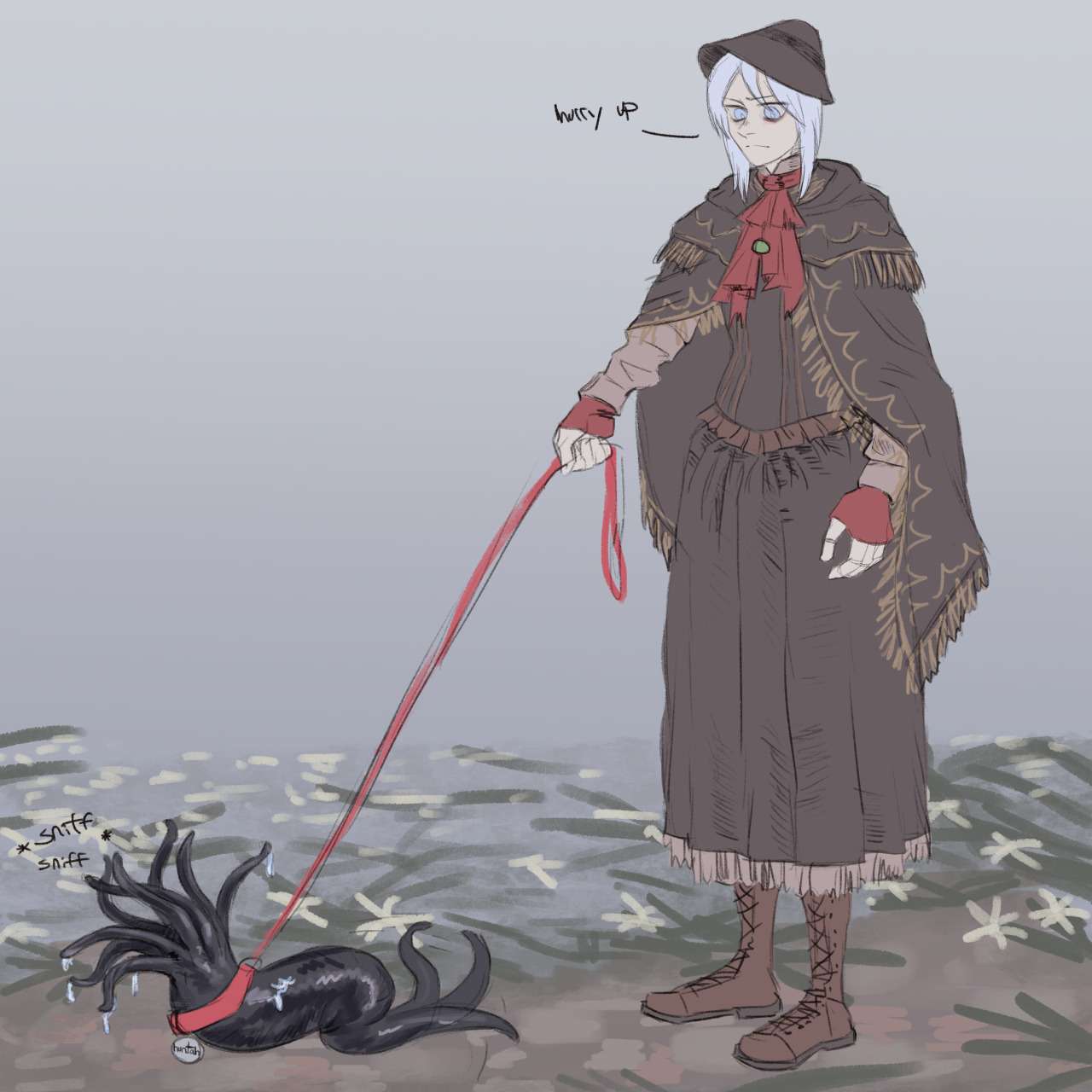woman holding a little tentacle worm on a leash. idk i think its bloodborne or something.