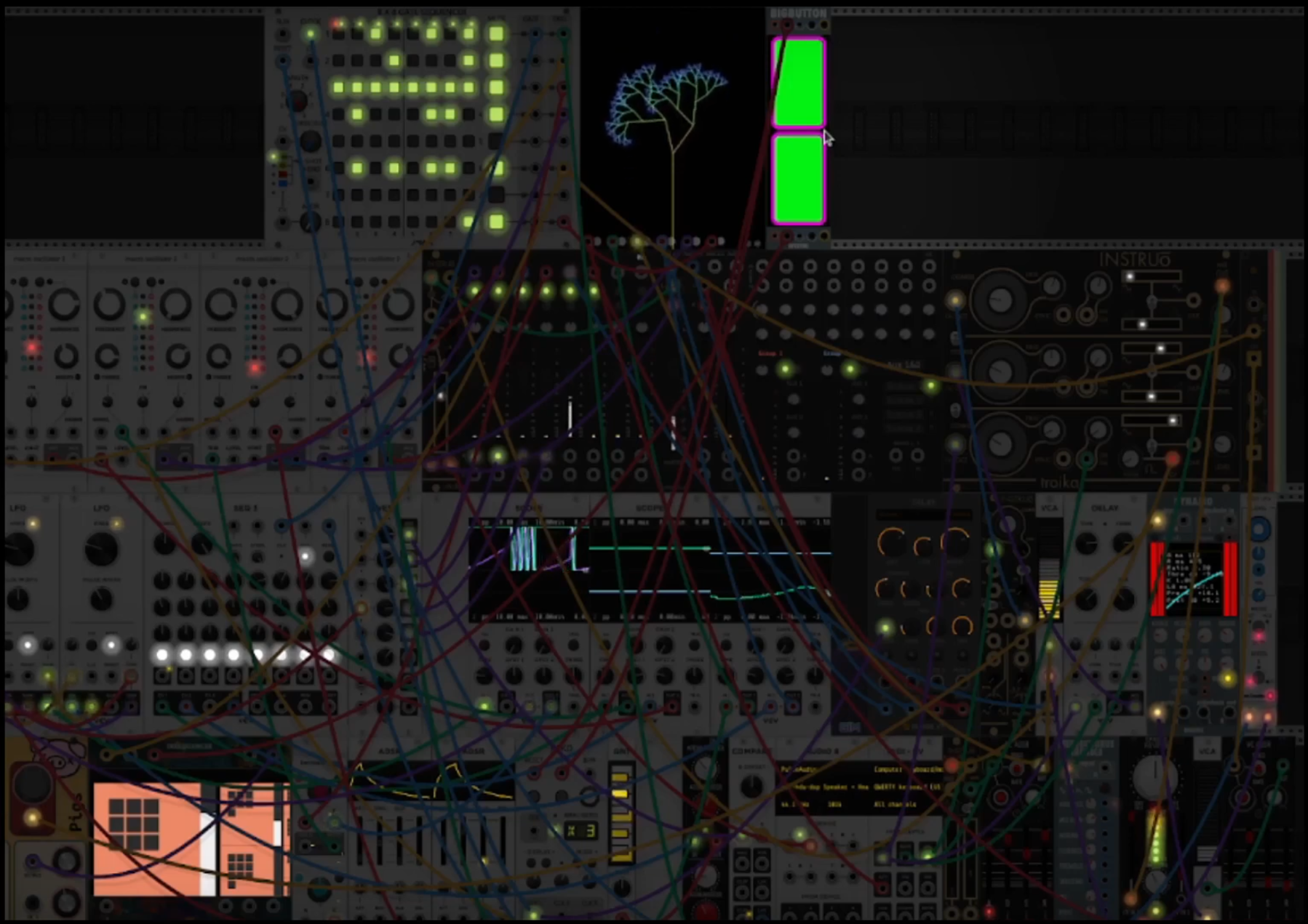 A low-res screenshot of VCVrack. It displays a complex machine with wires running from component to component in all colors. The image is dark, and the lights on the machine have a bloom effect on them, granting them an ethereal look. Amongst the chaos it is unclear which of the components are necessary to the machine, and which are purely for the purpose of display.